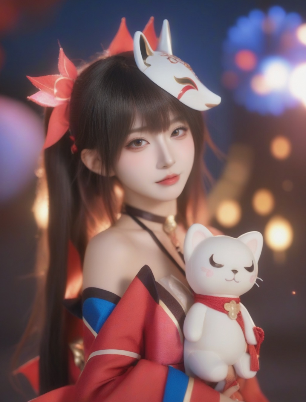 <lora:花火-000008:0.7>,huohua in a red kimono holds a white and red mask.,red dress of flower fire,breasts,looking at viewer,cleavage,bare shoulders,detached sleeves,choker,mole,sash,mole under eye,obi,mask on head,fox mask,Ultra-realistic 8k CG, masterpiece, best quality, (photorealistic:1.4), HDR, absurdres, Professional, RAW photo, lens flare, (film grain:1.1), Bokeh, ((Depth of field)), studio light, a young woman , a teddy bear  and wearing a pink sweater and a pink bow around her head, 1girl, animal, animal_on_shoulder, bare_shoulders, brown_eyes, cat, dog, fireworks, ,, ,_animal, ,_cat, lips, night, night_sky, realistic, shooting_star, solo, space, star_(sky), starry_sky. Highly detailed,Professional,extreme detail description;,