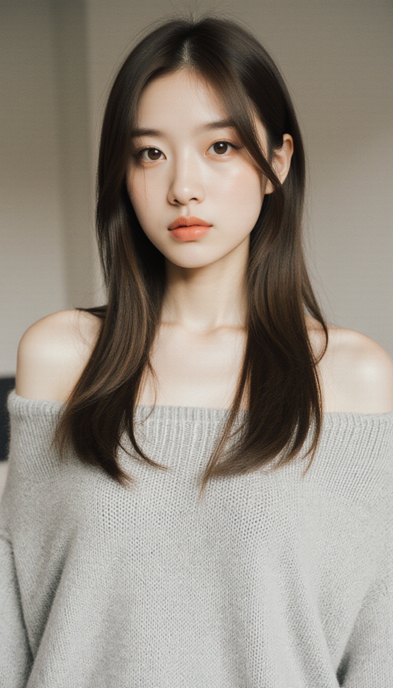 A young woman with fair skin and long,  straight brown hair styled in a loose ponytail with some strands framing her face....