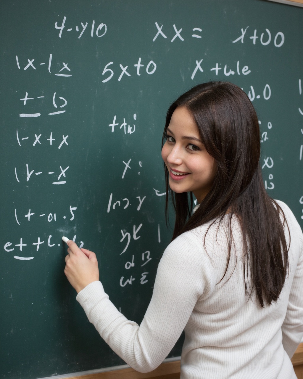 jennifer_lawrence with long,  straight black hair standing at a blackboard in a classroom. She is writing mathematical equ...
