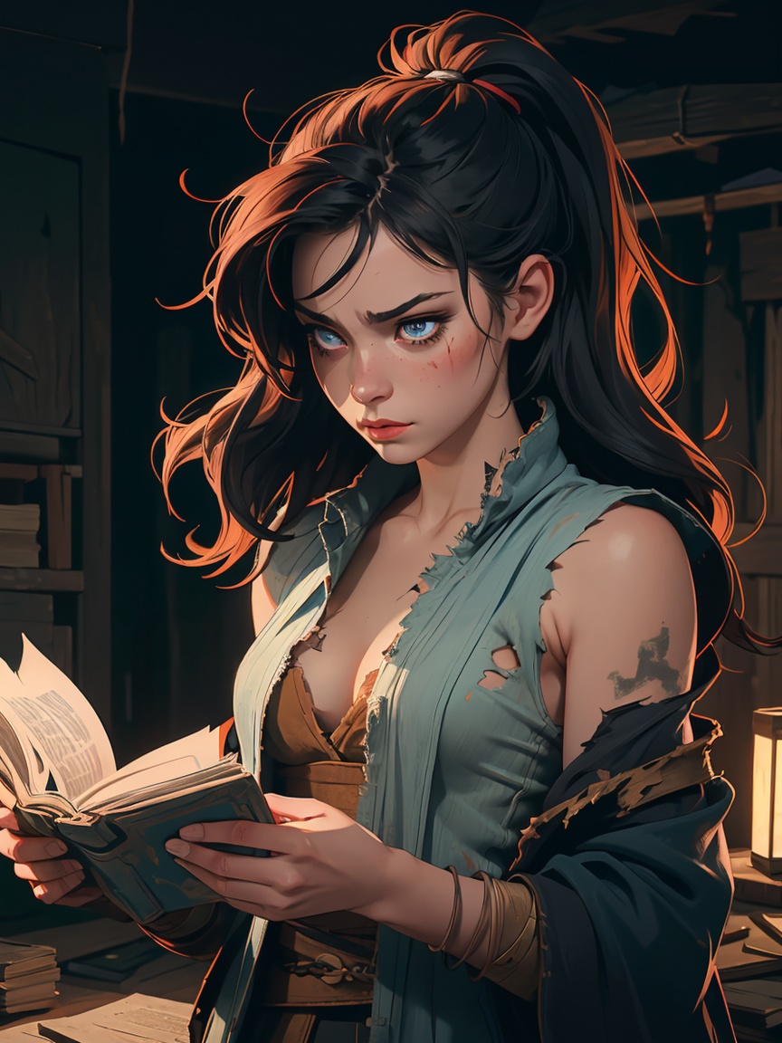 1girl. Highly detailed expressive eyes. Pale skin. Battered and bruised female wearing ninja attire while reading a worn a...