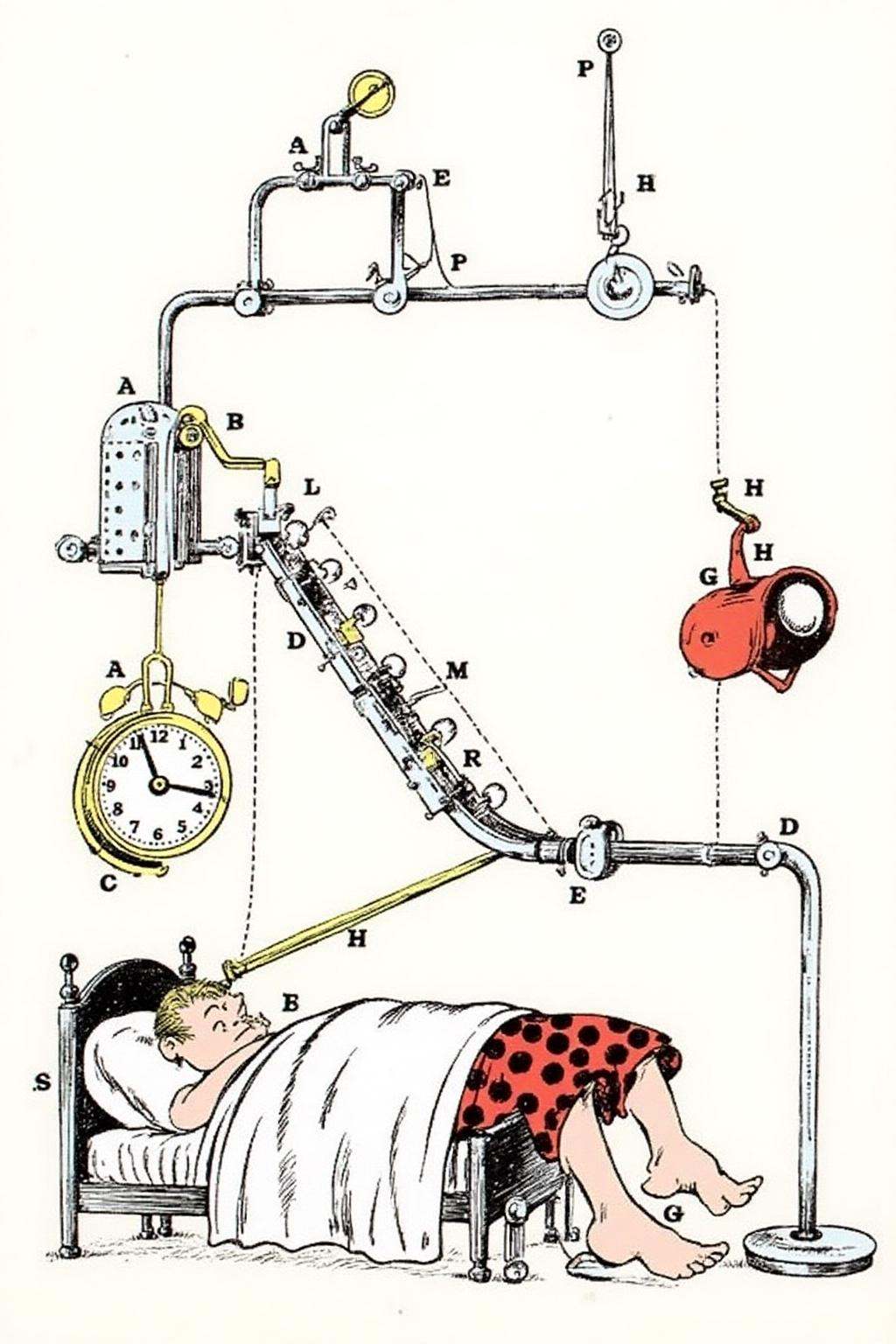 rugo1 illustration.In the center of the image,  a man with red and black polka-dot pajama pants,  is sleeping on a bed wit...