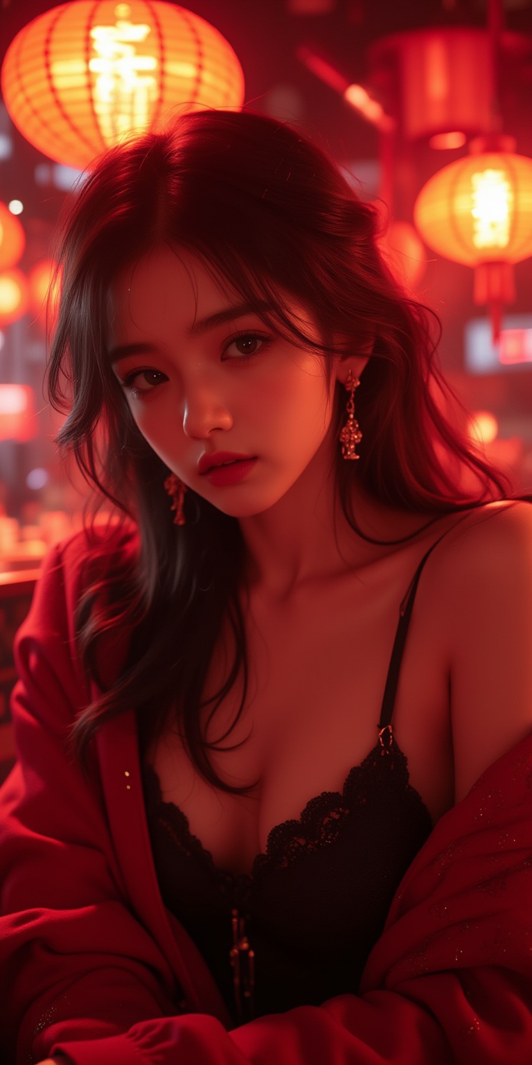 HK film style, close-up shot of an attractive woman wearing fashion outfit leaning against her arms with laziness facial expressions inside a bar, neon red lighting, in the style of Wong Kar Wai film, award-winning picture, highly detailed, ultra-high resolutions, 32K UHD, best quality, masterpiece,