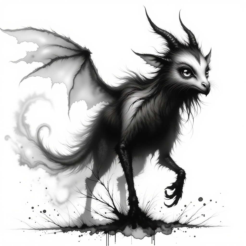 a sfw monochrome image of a washed out ink style Zmey Gorynych with mud skin,  crest and claws on its head,  and countless...