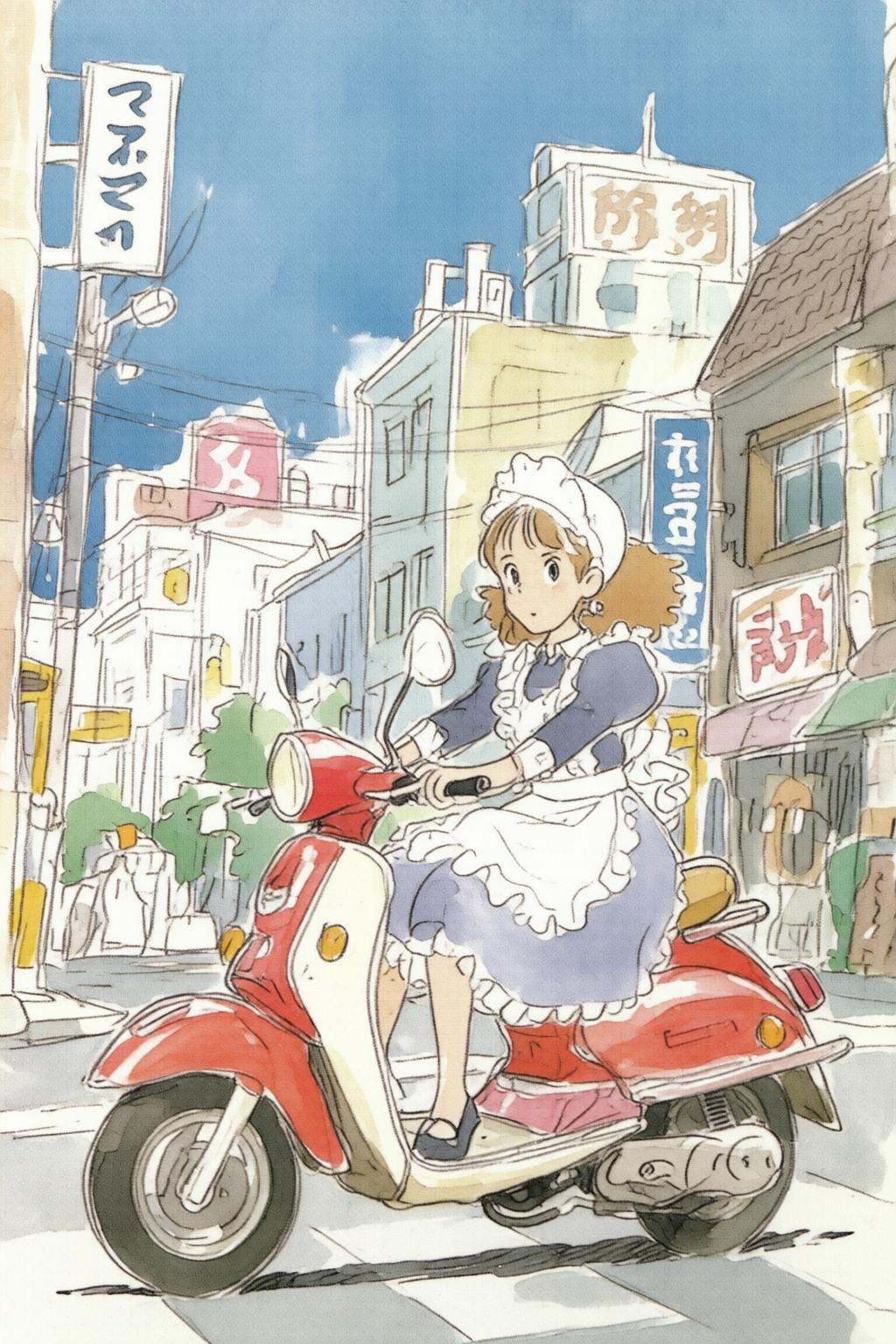 hayaomiyazaki3q illustration.A girl is riding a red and white scooter through a bustling urban environment in Japan. She i...