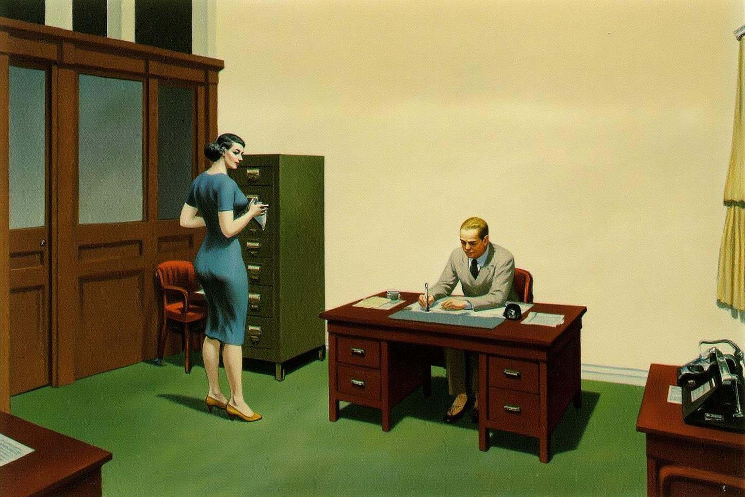 edwardhopper1 painting. An office setting. A man is seated at a desk,  reading a document. The desk has papers,  a desk la...