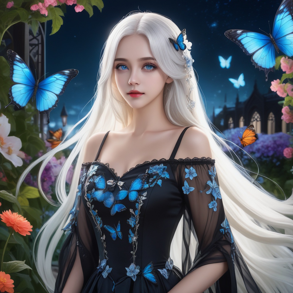 <lora:836-DA-XL-朴正允-绿-B:0.8>, (masterpiece),(best quality),night,glowing eyes,gothic,long dress, 1 girl, solo, long white hair, blue eyes, detailed eyes, blink and youll miss it detail,butterfly, flower garden, high quality, floral background, very detailed,off shoulde