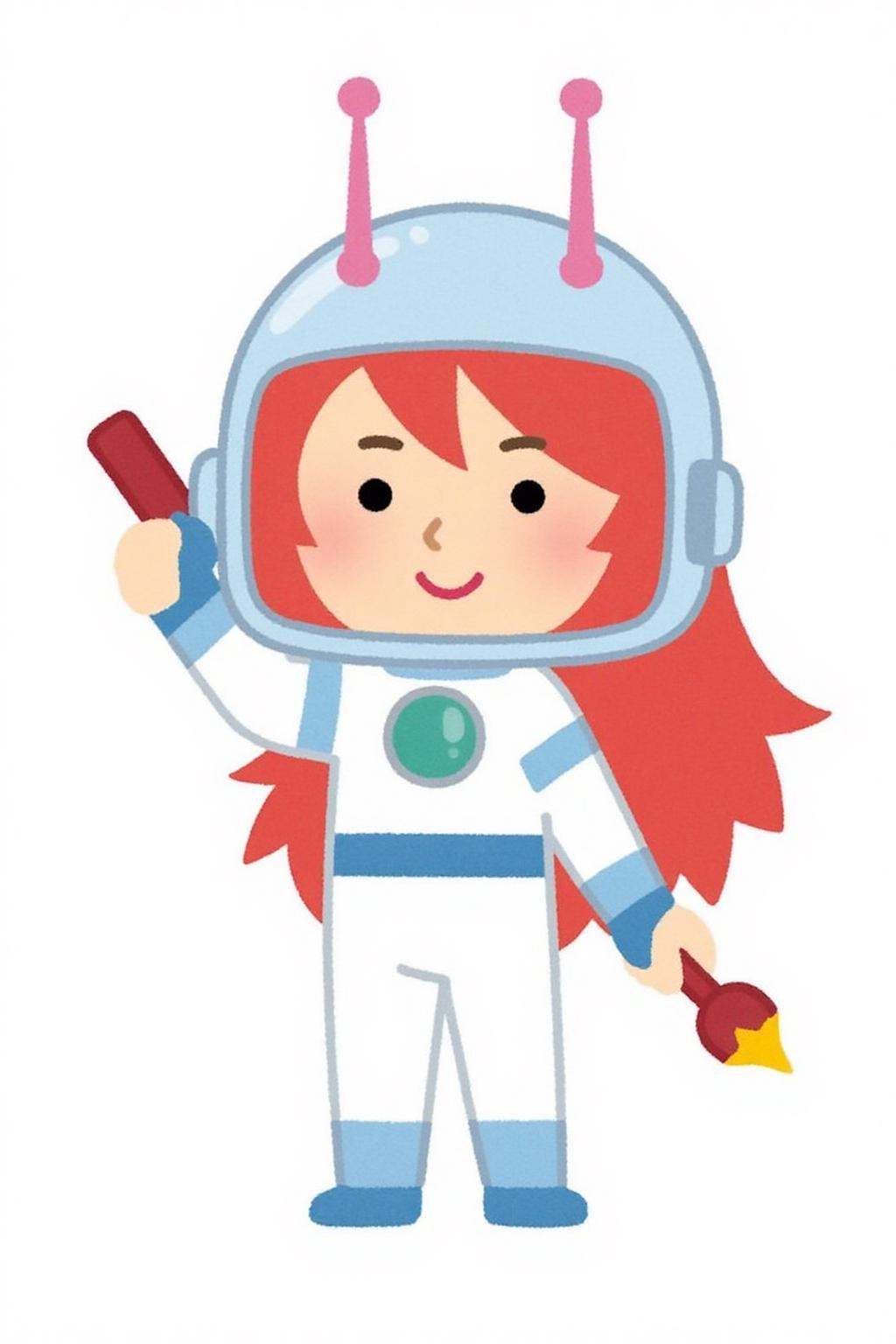 irasutoya1 illustration.A character is dressed in a white and blue space-themed outfit. They have long,  flowing red hair...