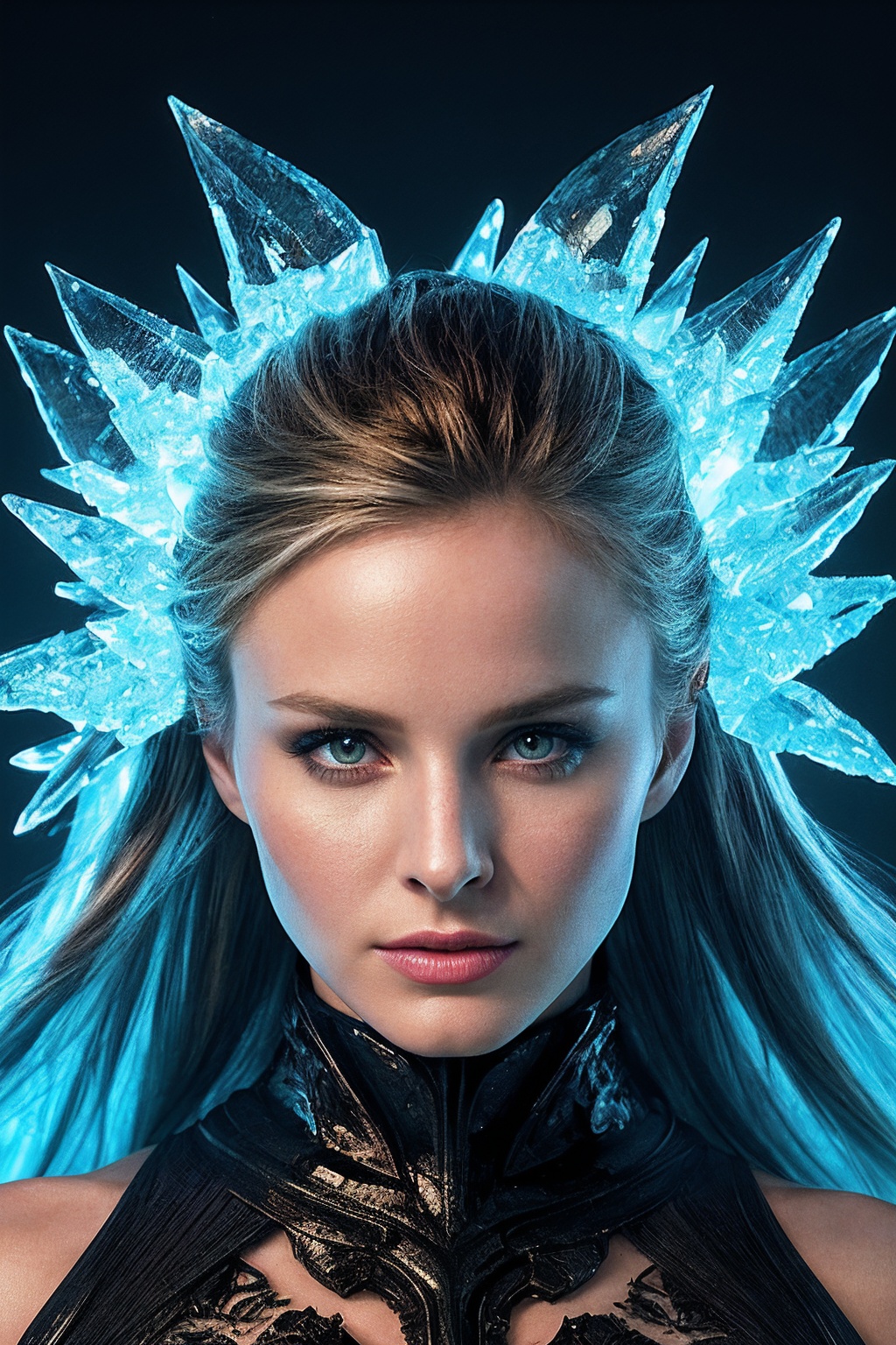 KristenB_SoloTI_v1,  (In a form-fitting silver and black battle suit,  her skin pale and frosted on Tensor.Art