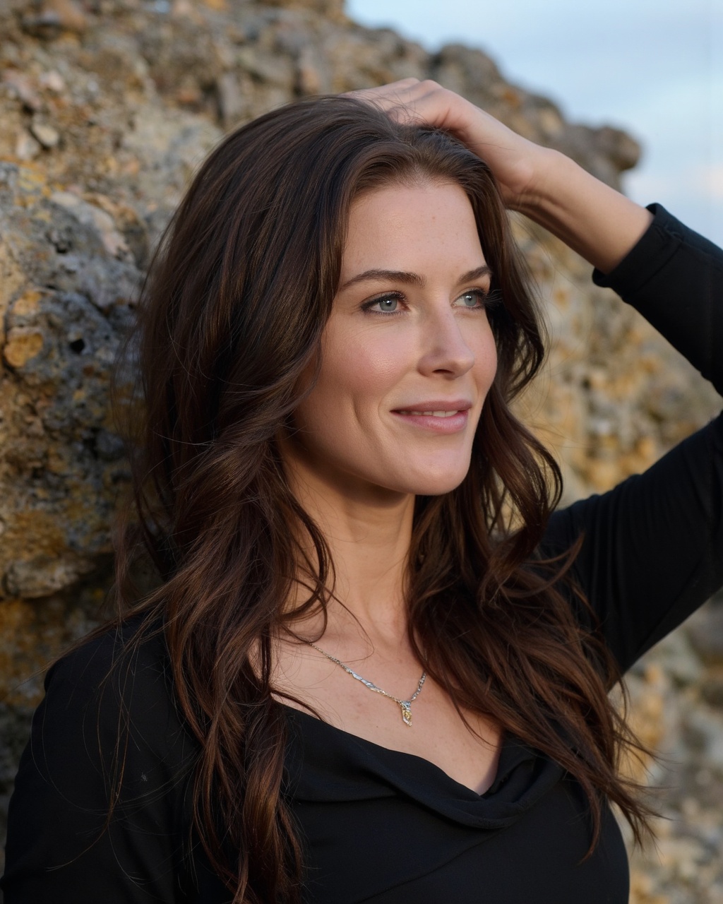 A portrait of bridget_regan with long,  wavy brown hair,  captured in a side profile. She leans against a rough on Tensor.Art