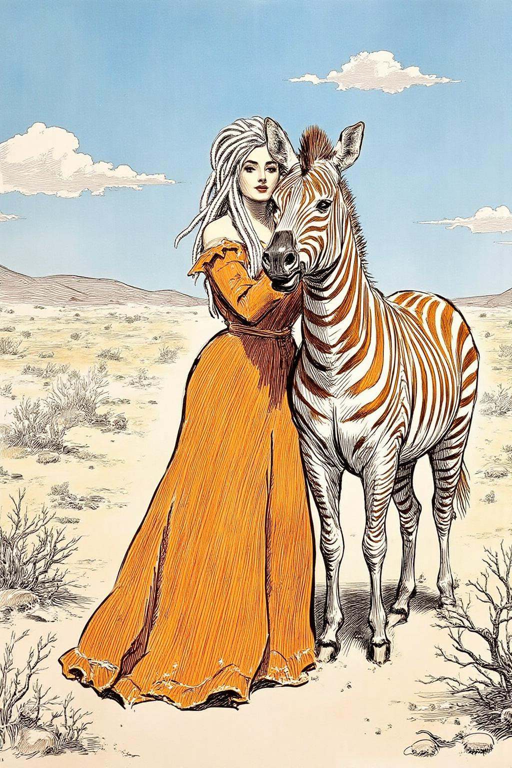 charlesdgibson1 color illustration.a striking juxtaposition of a woman and a zebra against a vast,  arid landscape under a...