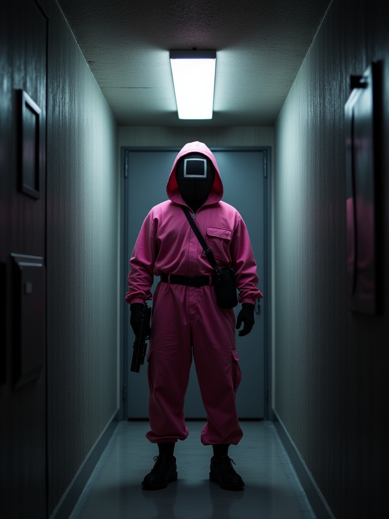 Squid Game,  Title text: "Squid Game: The Steadfast Guard" | Text: "Maintaining Order with Iron Fist" | Visuals: A pink-su...