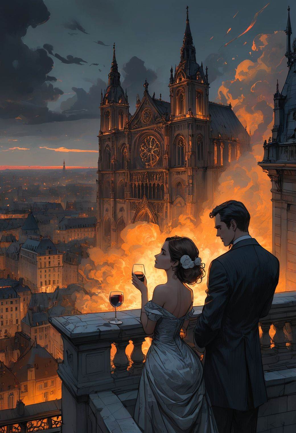 view from the roof,  elegant VIP people in terraces,  with venetian masks in a balcony on Tensor.Art