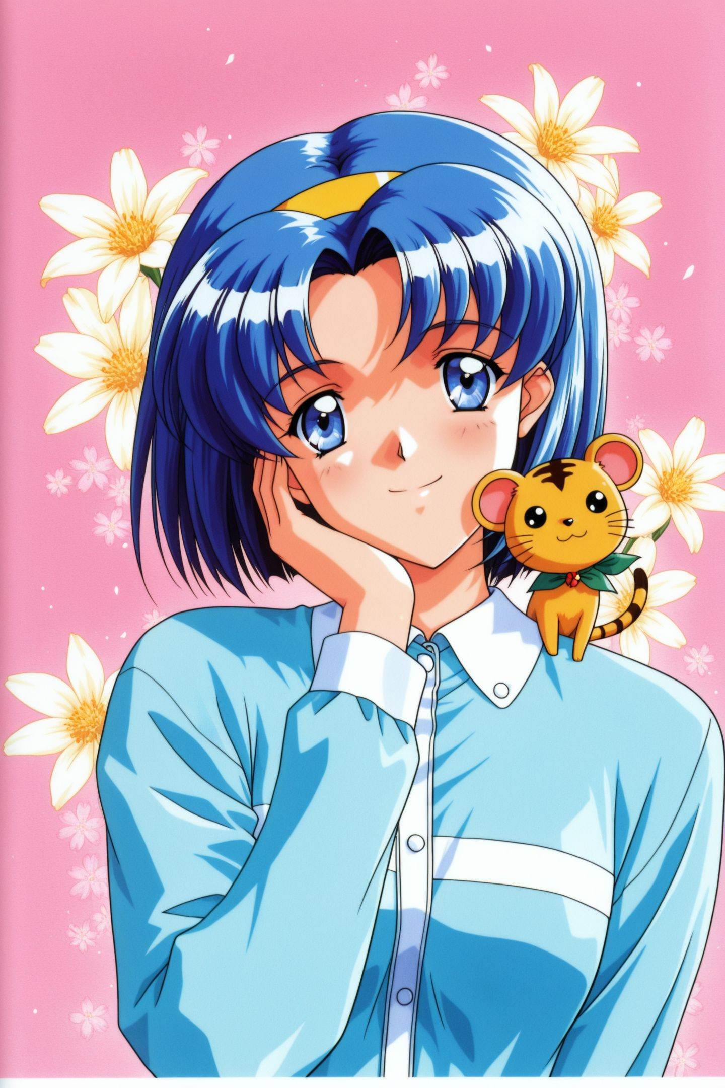 Original Style,Nozaki Sumire,1girl,solo,blue hair,blue eyes,short hair,flower background,smile,hairband,animal on shoulder,1990s (style),retro artstyle,long sleeves,blue jacket,hand on own face,<lora:Tokimeki Memorial 2_illustriousXL_v2:1>,
