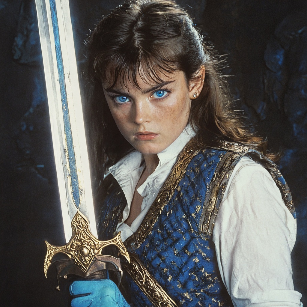 ArsMovieStill,  80s Fantasy Movie Still,  The image is a close-up portrait of a young woman holding a sword. She is wearin...