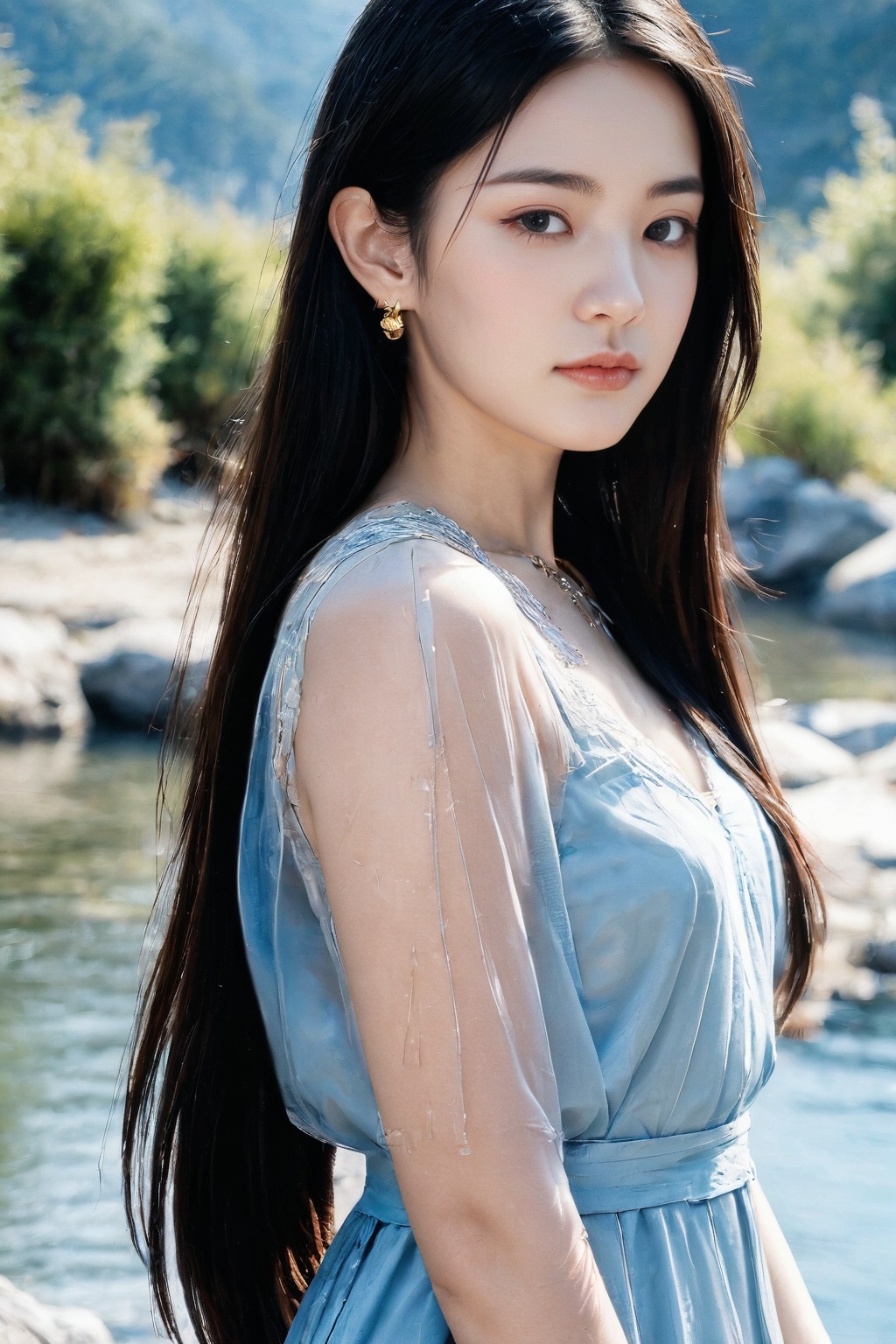 1girl, solo, portrait, young, long hair, dress, blue dress, jewelry, earrings, outdoors, black hair, mountain, see-through, water, hair ornament, 