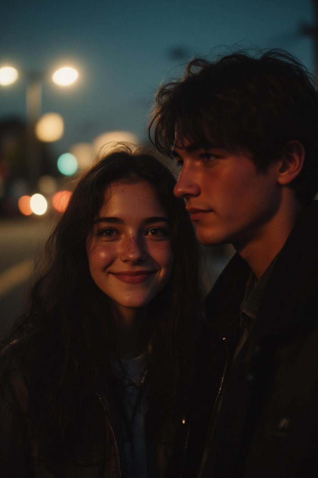 midjourney analog photograph.A young couple in a close-up portrait taken at dusk. The central figure is a American teenage...