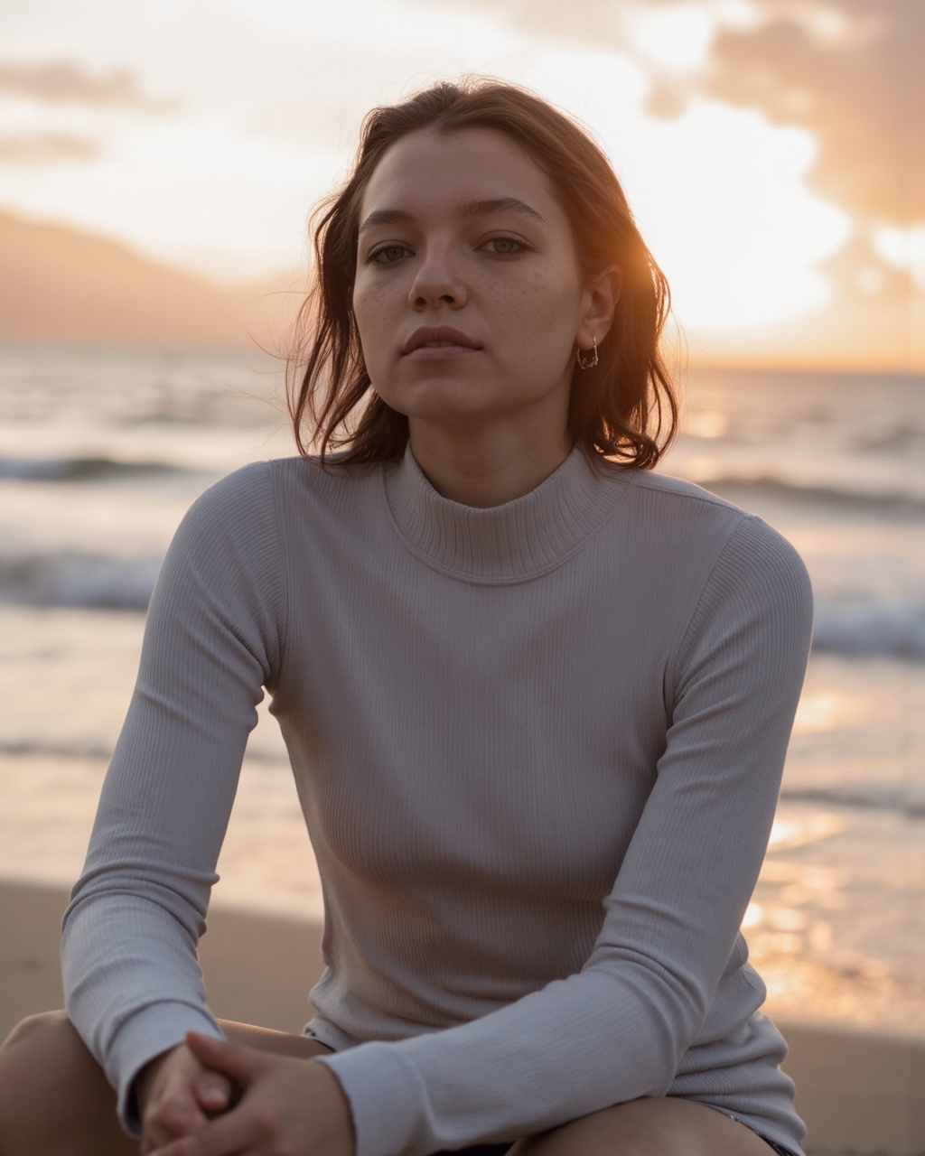 esme_cmiles,  wearing a turtle neck sweater,  Photo of esme_cmiles sitting on the beach at sunset on Tensor.Art