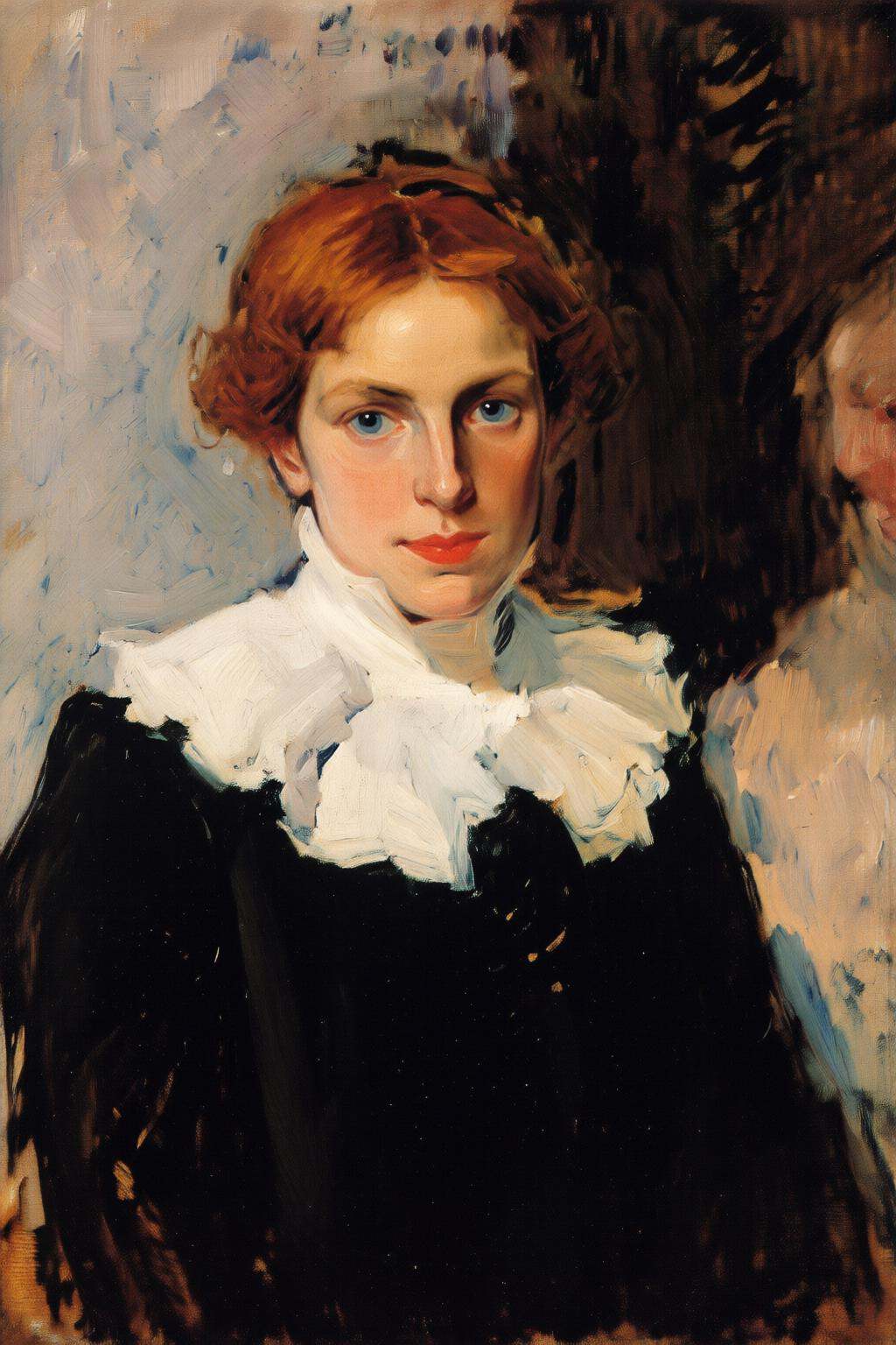 joaquinsorolla3q painting.A woman wearing a black garment with a white,  ruffled collar. She has red hair and blue eyes. T...