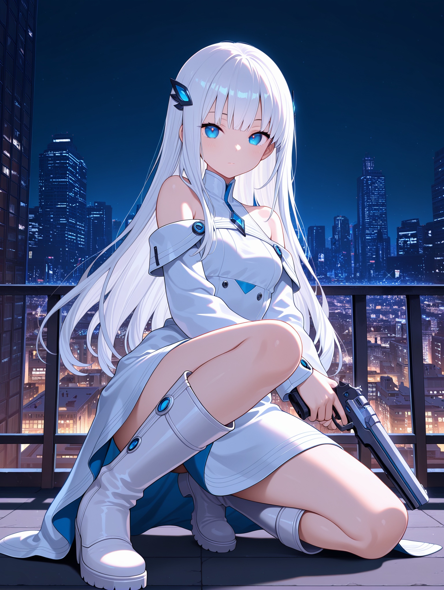 1girl, long hair, gun, weapon, blue eyes, holding gun, hair ornament, one knee, holding weapon, holding, white hair, building, looking at viewer, dress, solo, night, bangs, outdoors, boots, city, white footwear, city lights, cityscape, bare shoulders, long sleeves ,masterpiece,best quality,amazing quality,
