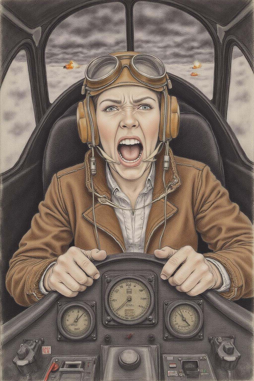 hansho1 monochromatic pencil drawing,  A female pilot screaming inside the cockpit of a WWII bomber. The pilot,  wearing a...