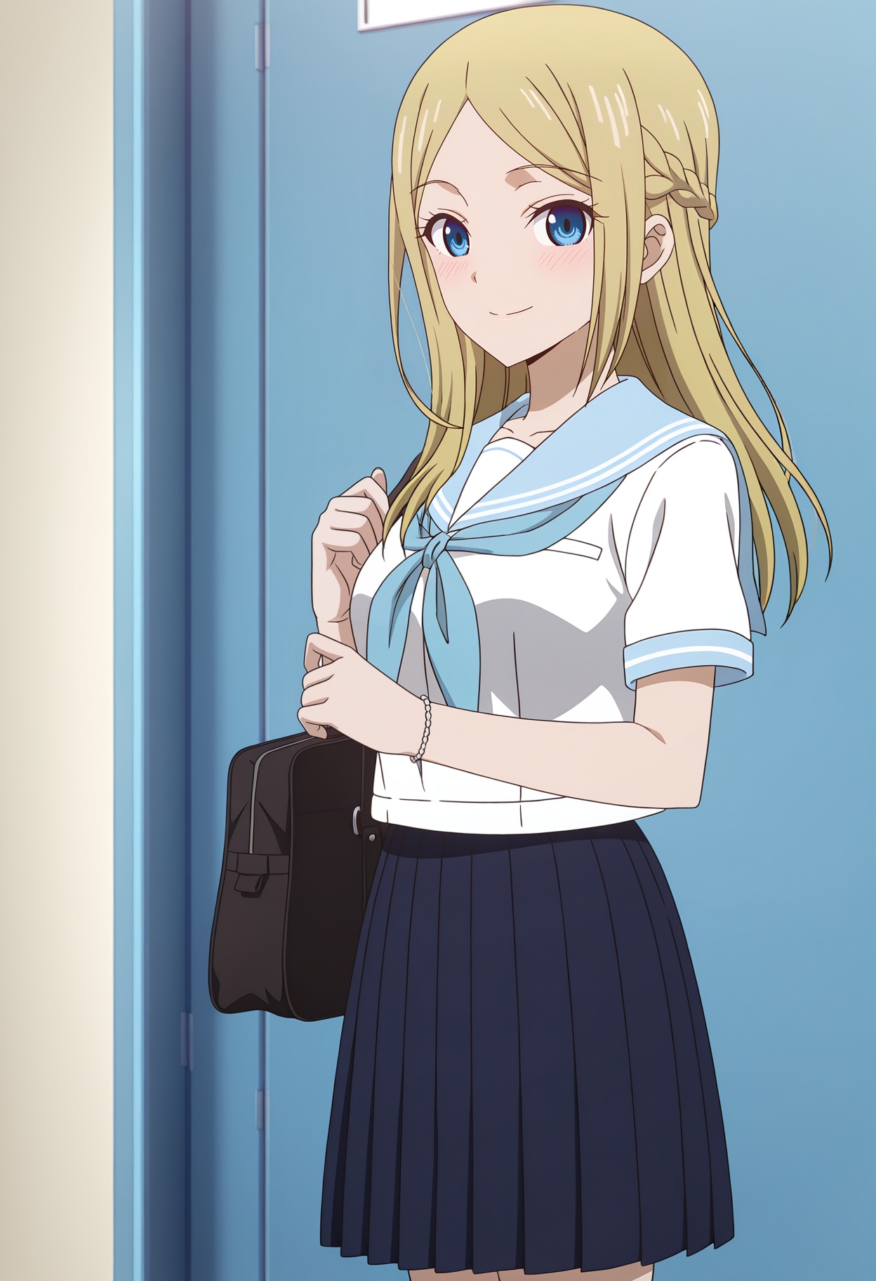 <lora:Ai HAYASAKA_illustrious-000018:1>,1girl,solo,Ai HAYASAKA,solo,school uniform,skirt,braid,smile,bag,serafuku,looking at viewer,sailor collar,pleated skirt,white shirt,shirt,short sleeves,blue sailor collar,closed mouth,blush,blue skirt,standing,bracelet,black skirt,parted bangs,anime screencap,