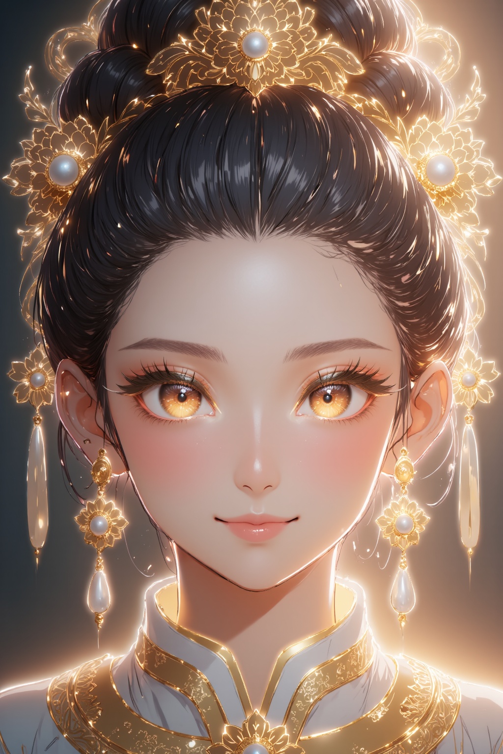 a young woman with an elaborate,traditional Asian hairstyle. She has large,expressive brown eyes and a gentle smile. Her hair is styled into a high bun adorned with intricate gold ornaments,featuring delicate floral patterns and pearl-**** details. The ornate headdress is richly decorated,adding a regal and historical feel to the image.,
