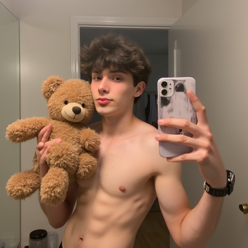 There is a photo of a young guy taken from an iPhone in the mirror. He is shirtless holding a teddy bear in the hand oppos...