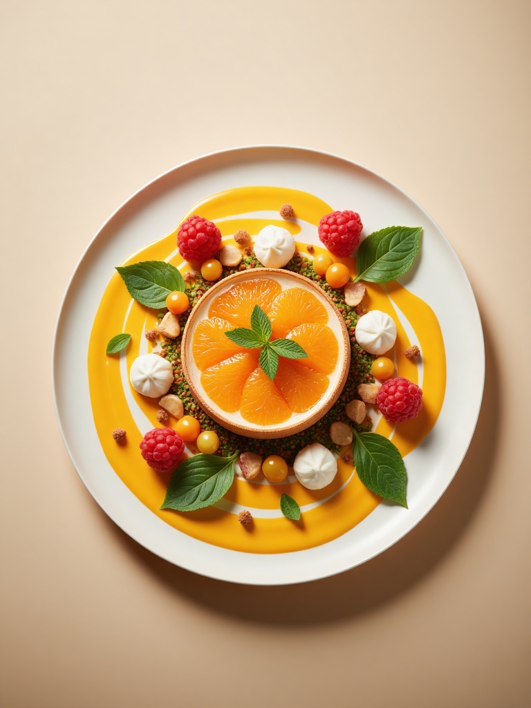 gourmet food,  gourmet food A photograph of a vibrant,  artistic food dish on a white plate. The centerpiece is a round bo...