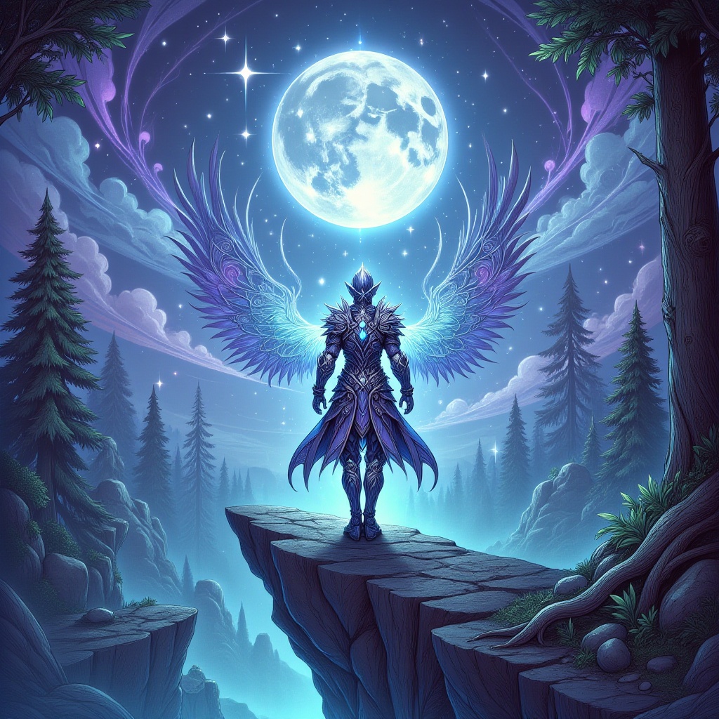 A mystical warrior with an ethereal aura stands poised on a precipice overlooking a serene moonlit forest. on Tensor.Art