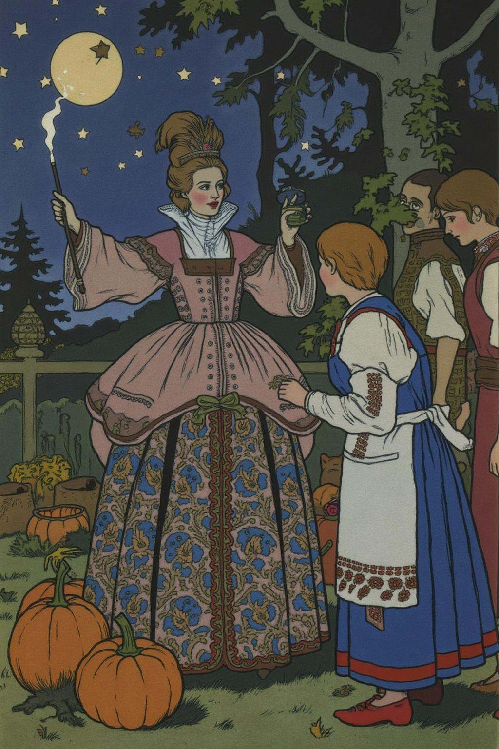 ivanbilibin1 illustration. dulac1. an elegant fairy godmother in the center. She is dressed in an elaborate,  ornate gown...