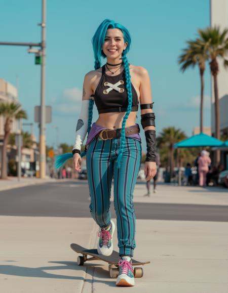 jinx,  a woman with long blue braided hair and a black top and striped pants is skateboarding on Tensor.Art