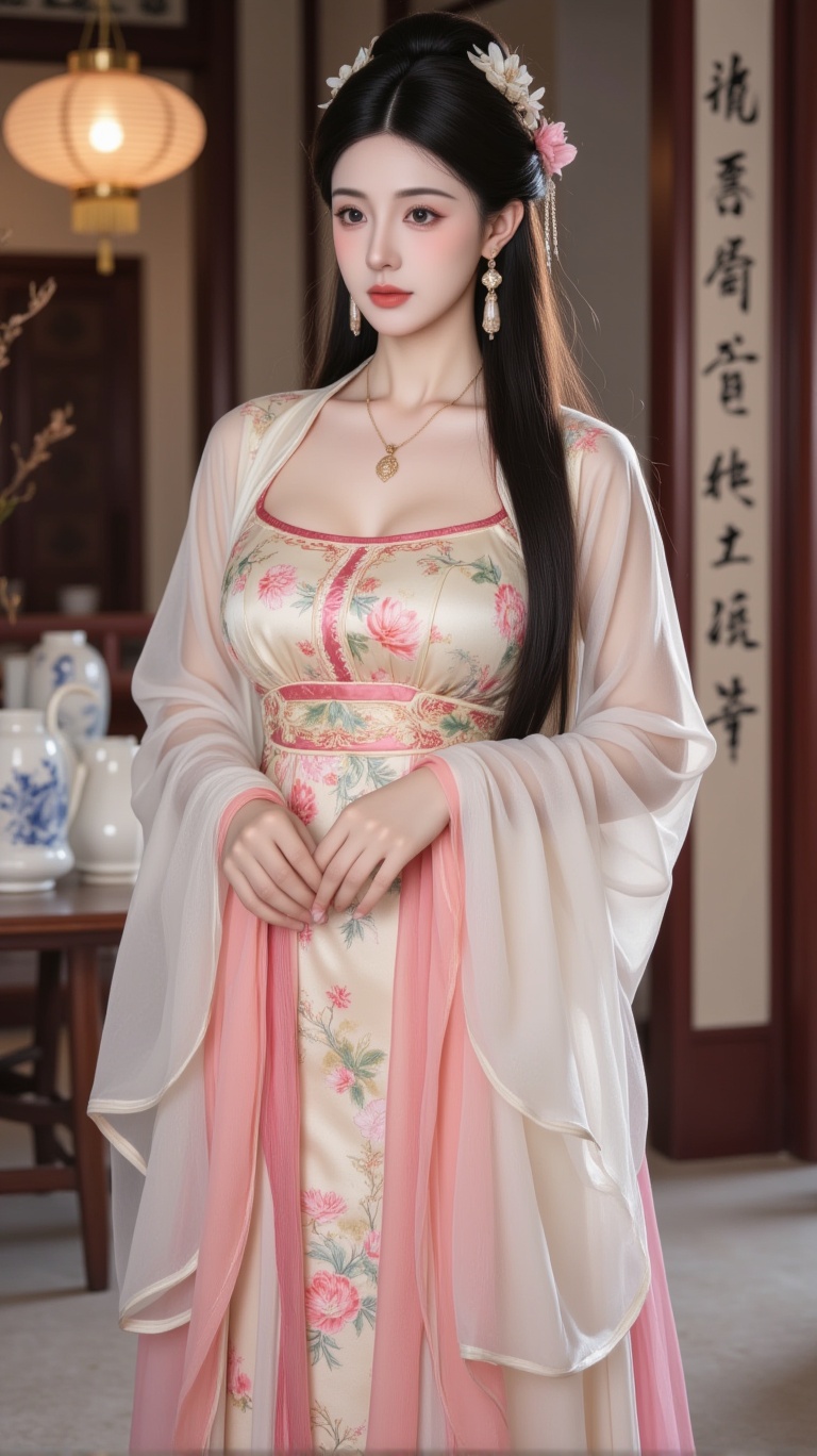A serene woman adorns a majestic palace setting,  dressed in an exquisite ancient Chinese attire on Tensor.Art