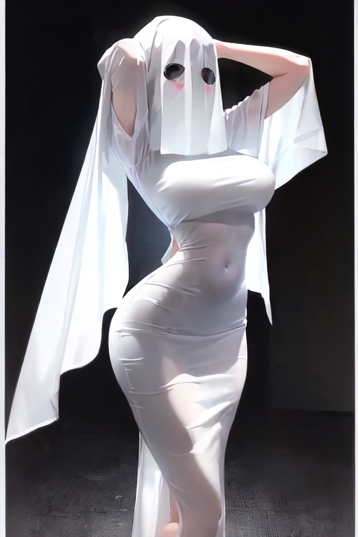 Ghosts,masterpiece,best quality,high quality,8k,highres,photorealistic,best masterpiece,Ultra high resolution,ultra detailed details,overhead shot,a girl,Thin waist,perky buttocks,Slim figure,tall and slender,whole body,Big breasts,Wear a long white dress that covers theTight fitting whole body's skin,The material of the dress can pass through the light. There is a large hood on the head that covers the head,face and arms. There is a lovely ghost expression on the hood. Two curved black eyes and lovely powder blusher cover the whole body's skin,Cute arm movements,Legs apart,knees forward,Lift your arms apart,At night,Outline light,on the roadside,with a Halloween atmosphere,Large area,strong light,backlight from bottom to top,Backlight exposure,legs slightly open,and the light passes through the clothes showcasing long legs,Light up the long legs inside the clothes,The light is blocked by someone,Light passes through the inner thigh,<lora:lora:0.7>