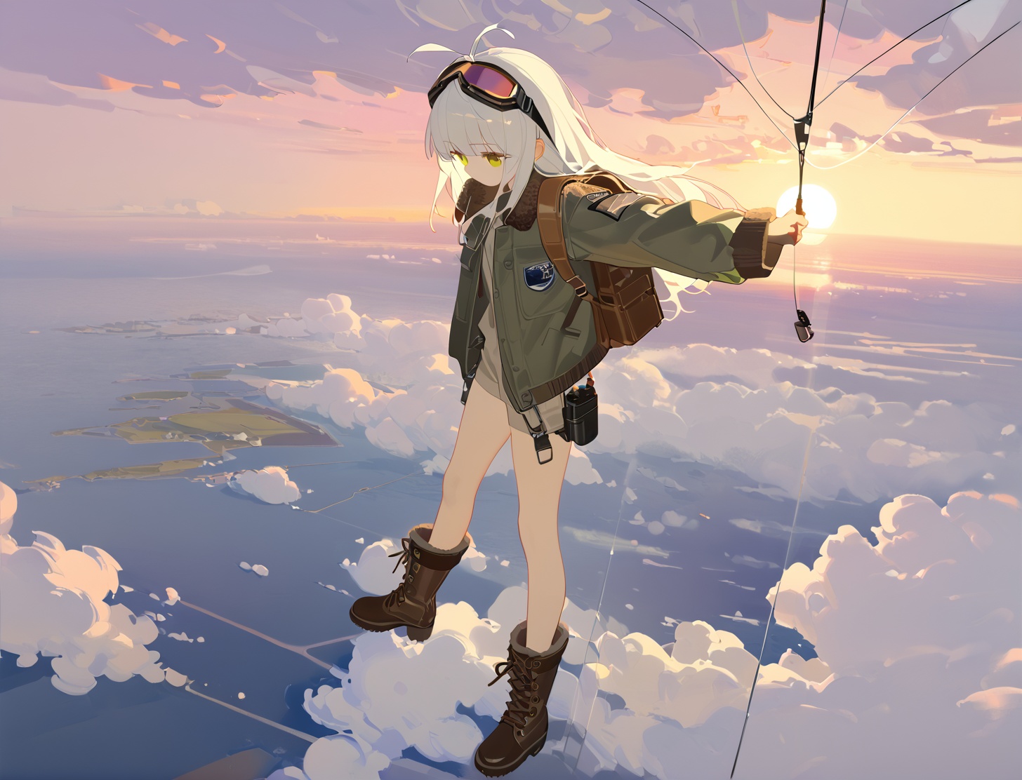 masterpiece,best quality,illustration,ultra detailed,hdr,Depth of field,(colorful),artist:tianliang duohe fangdongye,bright outline,1girl,solo,bomber jacket,pilot coat,goggles on the head,white long hair,Green eyes,four-leaf clover,wind-blown clothes,leather boots,leather material,bare legs,brown backpack,walkie-talkie,antenna,scout,exploration,signal transmitter,sunset,setting sun,Tyndall light,horizon,ultimate color,melancholy expression,the girl looks into the distance,parachute,cumulonimbus,clouds,aerial view,distant view,airship,hyperdetail,nature landscape,clouds,<lora:quality_modifiers_masterpieces_v1:0.35>,
