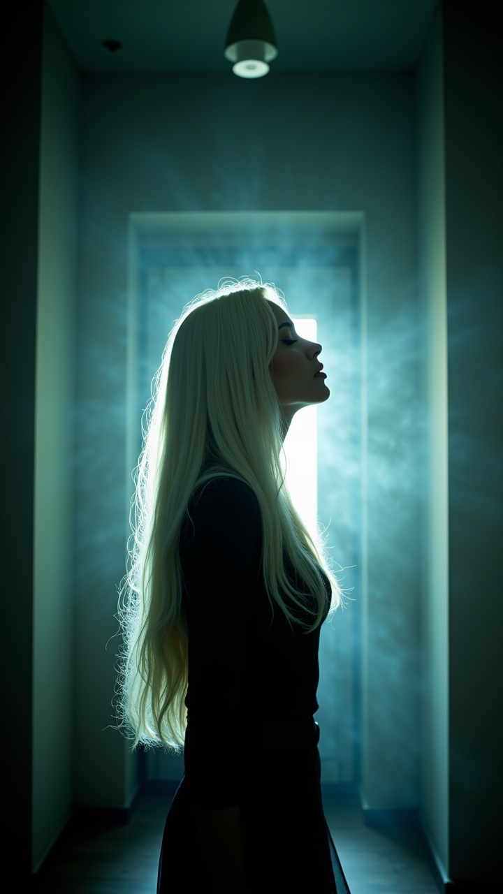 In a dimly lit room,  a woman with long white hair styled as the iconic "Isabella" stands tall. Her eyes are closed as she...
