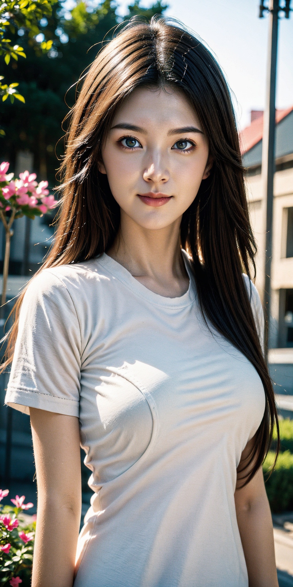 girl, brown eyes, smirk, black long hair, beautiful, pretty, portrait, dynamic angle, realistic, closed mouth, teenage, short sleeve, large breasts, flower, suburbs, scenery, outdoors, 