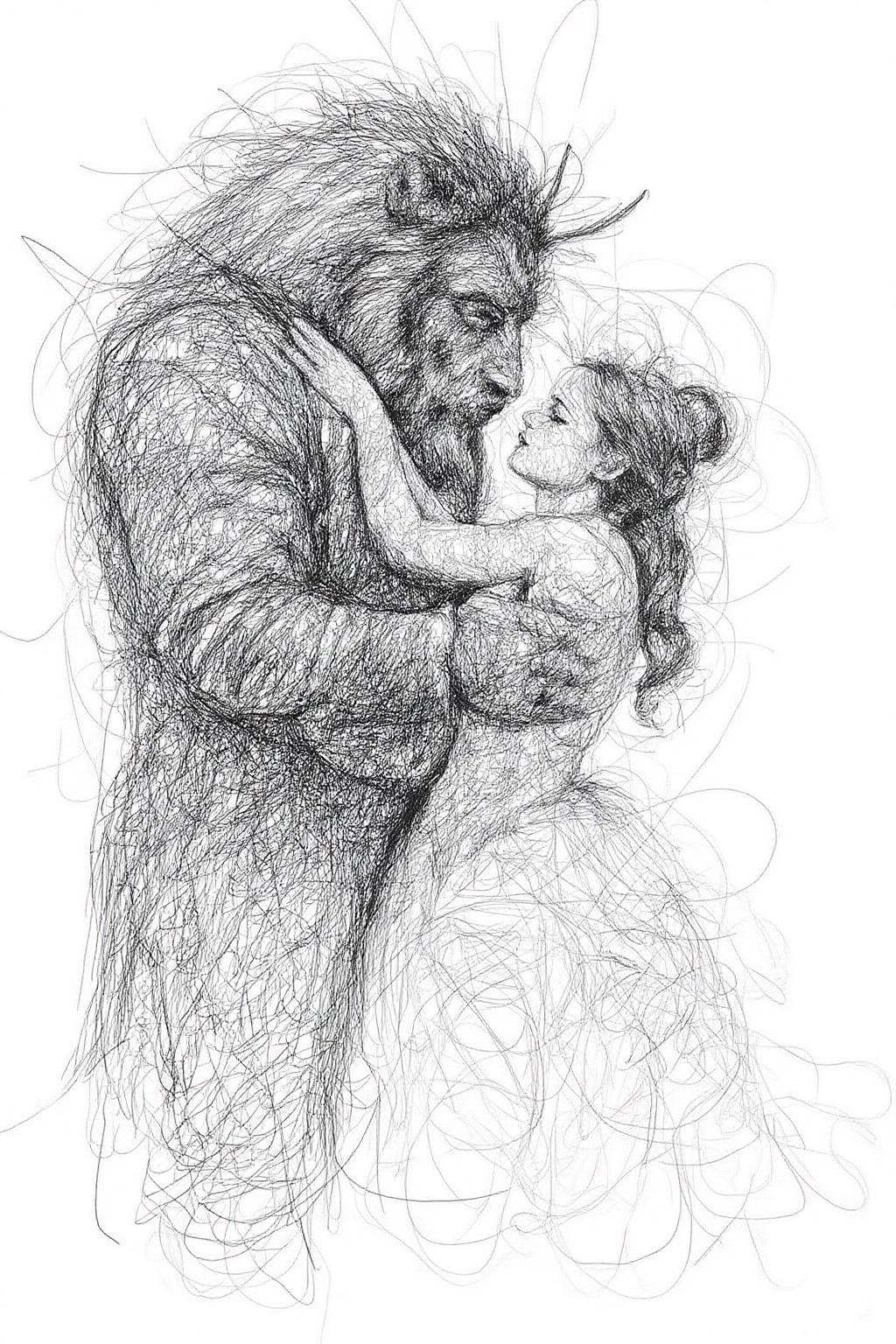 drawing of Emma Watson as Belle,  kissing the Beast in "Beauty and the Beast" on Tensor.Art