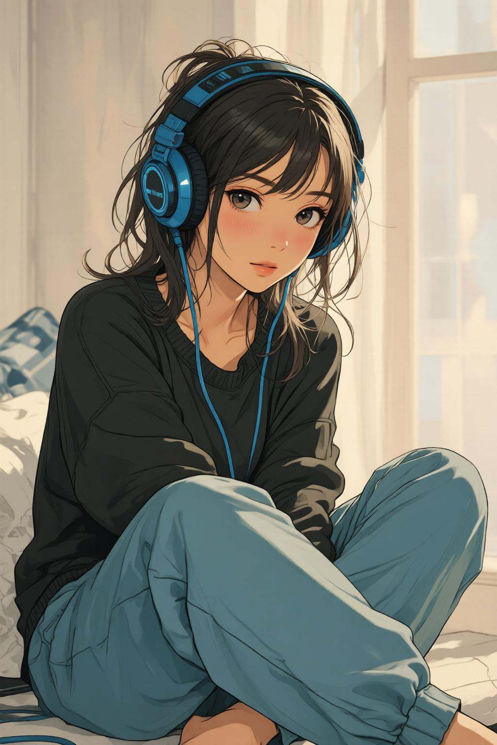 nijimix6q anime style illustration. A young woman sitting cross-legged on the floor,  wearing a dark sweatshirt and light...