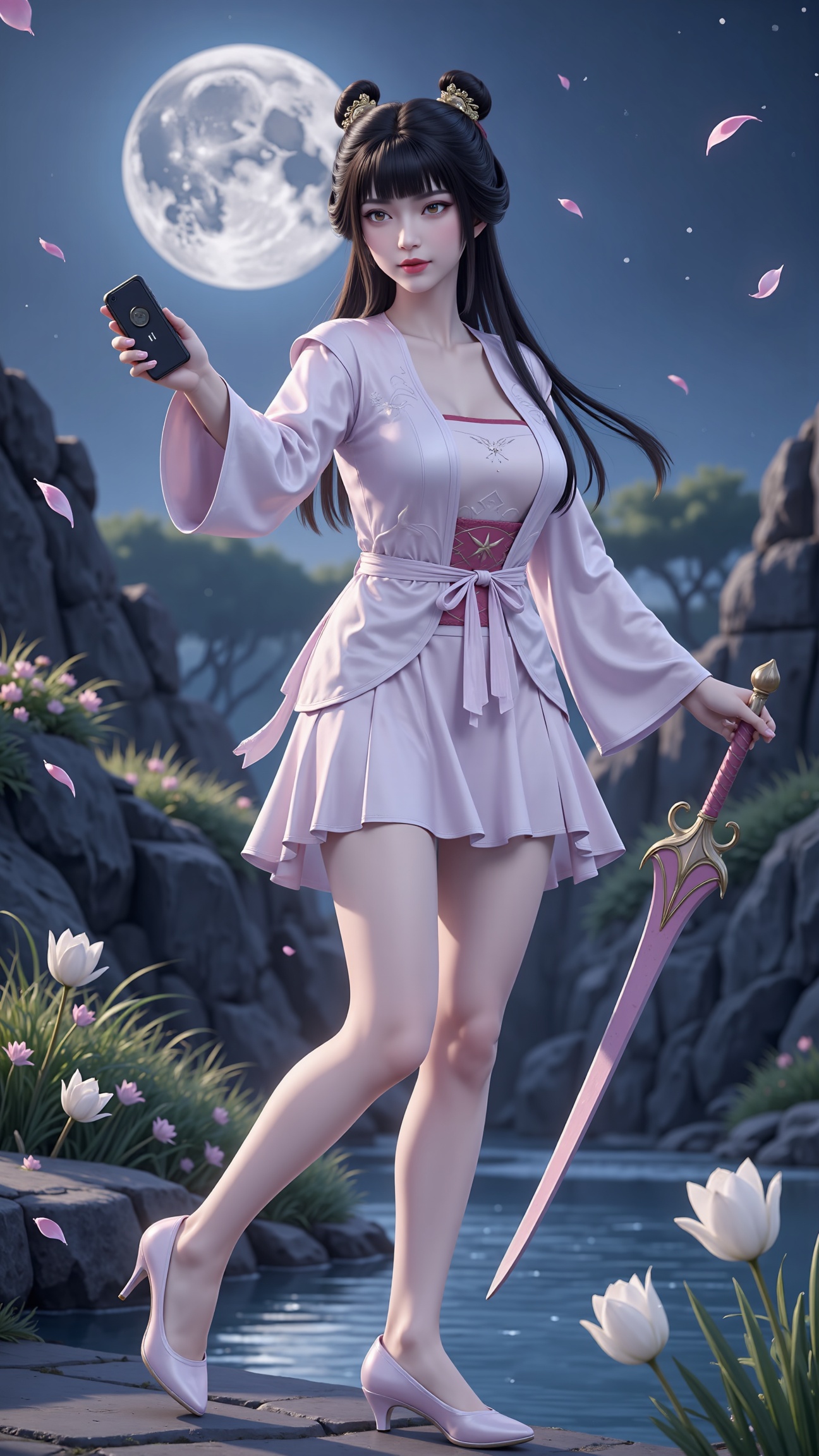 1girl,moon,weapon,sword,dress,long hair,solo,hair ornament,black hair,white dress,petals,night,water,full moon,grass,high heels,full body,,<lora:F1稚圭:0.8>
