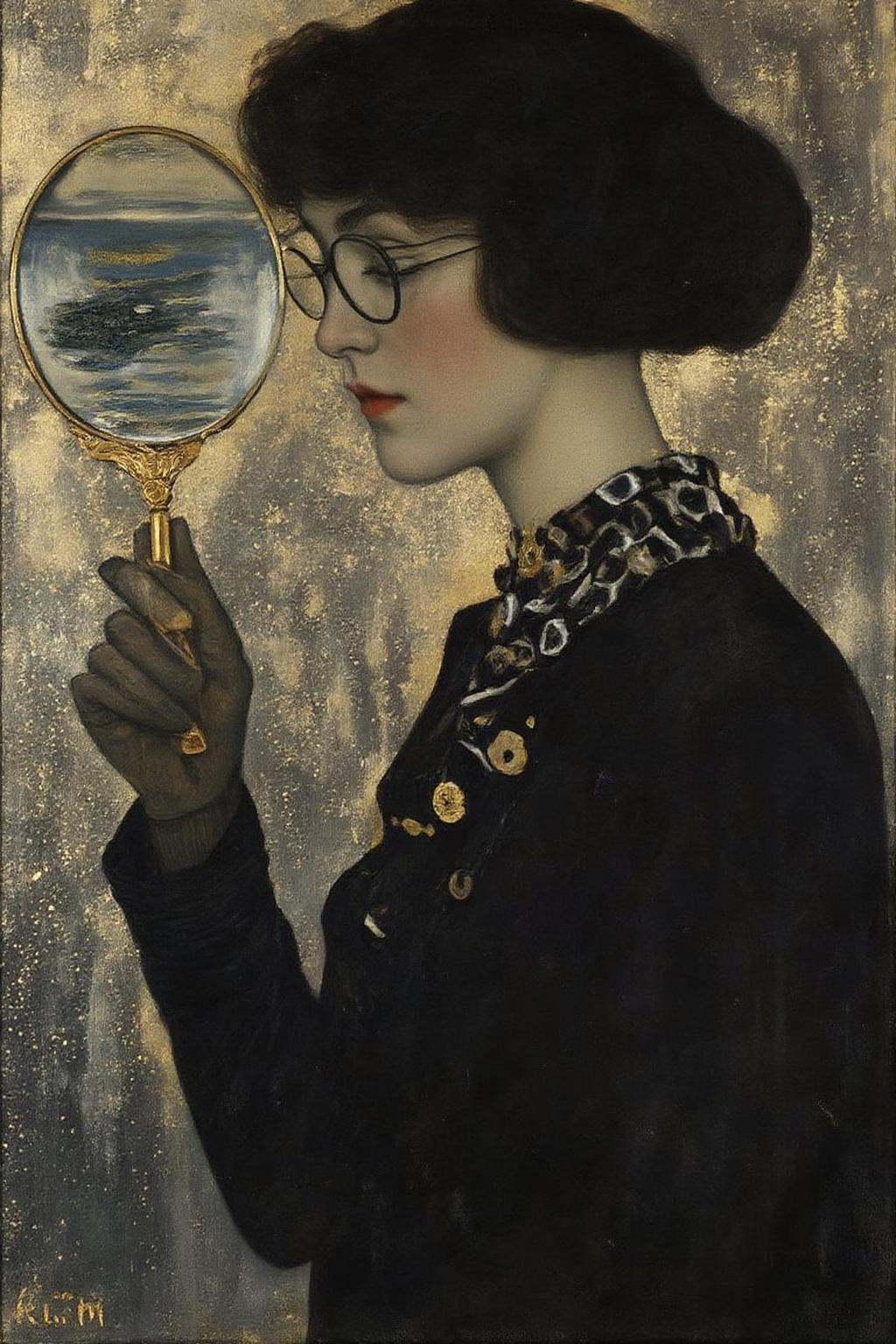 kl1mt painting. Portrait of a female detective scowling into a magnifying glass. The glass is crystal clear,  showing a wa...