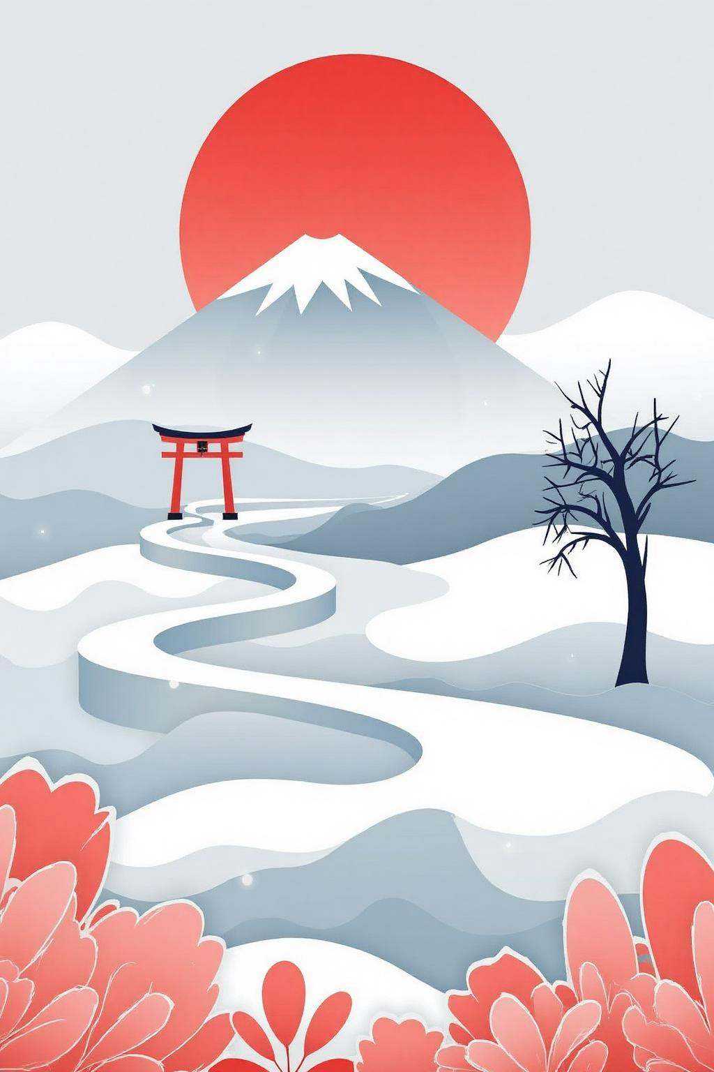 vector art.A large red sun is setting behind a snow-capped mountain. In the foreground,  a winding path leads to a traditi...
