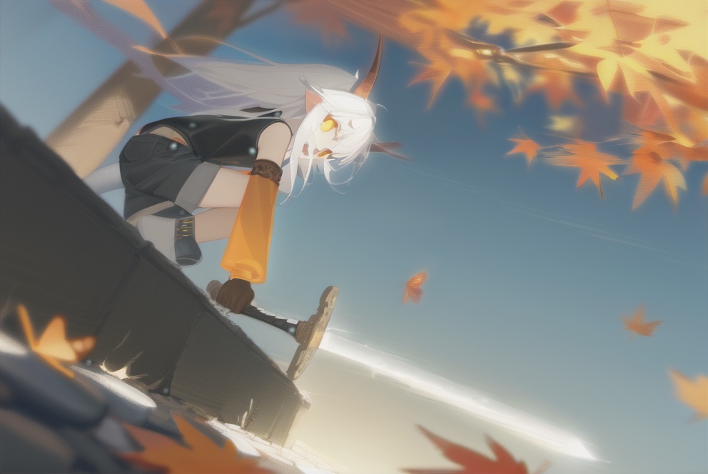 (masterpiece),(best quality),illustration,ultra detailed,hdr,Depth of field,(colorful),artist:wanke,artist:tianliang duohe fangdongye,bright outline,1girl, solo,dragon girl,slit pupils,blue pupils,glowing eyes,horns,long hair, floating hair, white hair, dragon tail, shiny butterfly, glowing butterfly, soft lawn, warm colors, Tyndall effect, Tyndall light, white long shirt, black sleeveless jacket, orange transparent sleeves, transparent Ceiling, fallen leaves, maple leaves, autumn, between two rows of trees there is a road filled with fallen leaves, in the middle of the road there is a beam of light shining on a sword stuck in the ground, sacred, ancient, side shot, wide angle shot, shorts, stepping Foot socks, hanging,transparent,transparent wings,Leather gloves, sharp teeth, mouth drool, clear glass strips, ancient wooden swords engraved with golden runes, foot socks, light gray foot socks, the bottom of the foot socks fades to black,furry,dragon girl