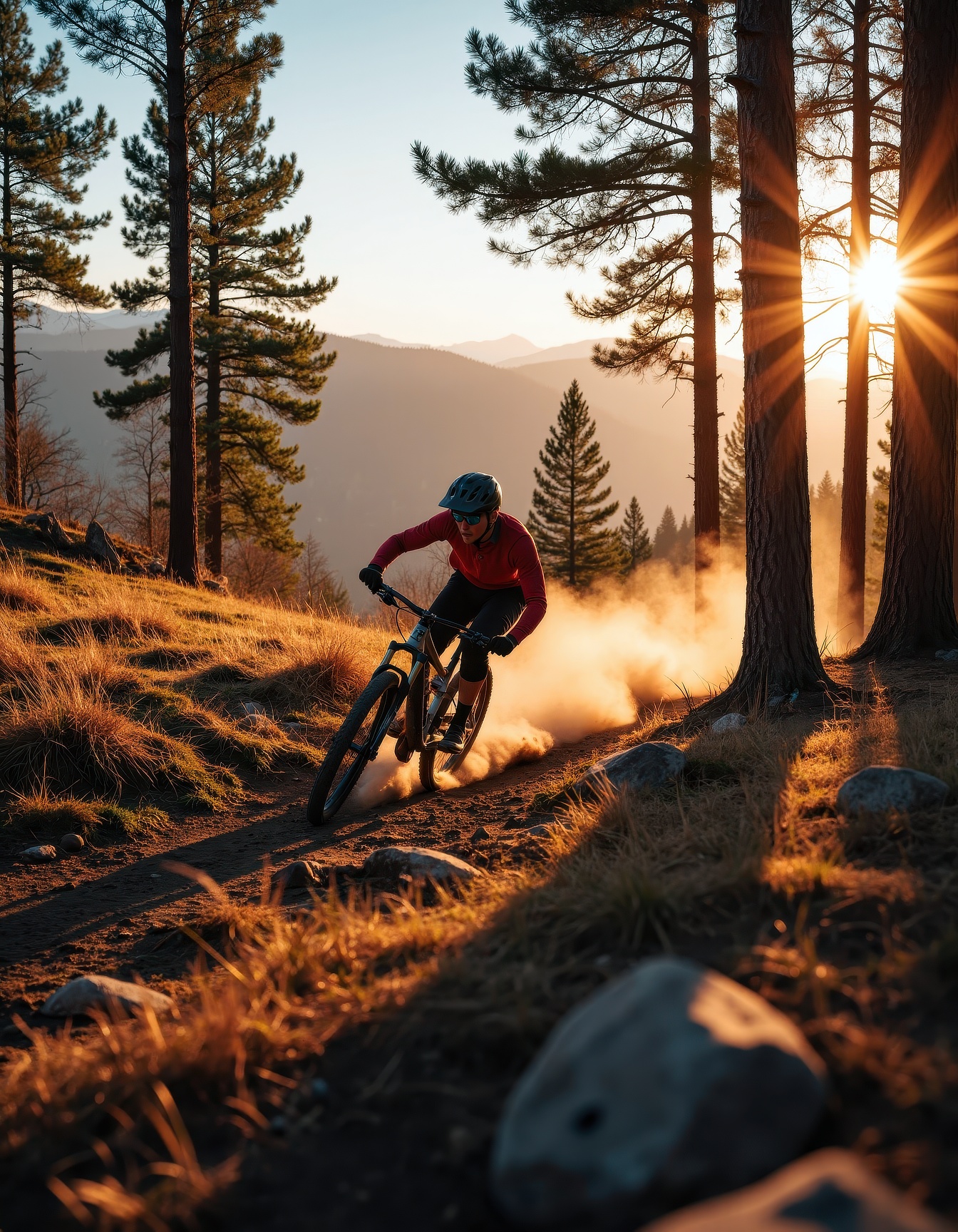 A cinematic outdoor scene of a mountain biker racing down a rugged forest trail at golden hour,  dust and dirt swirling dr...