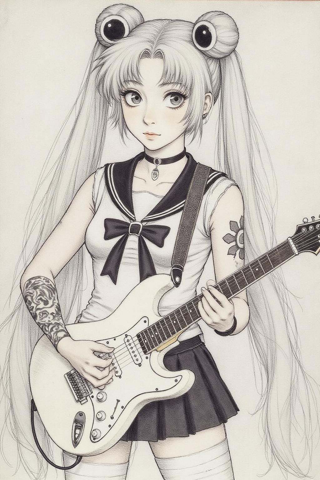 hansho1 monochromatic pencil drawing,  punk sailor moon playing a guitar at a heavy metal mosh pit,  tattoos on Tensor.Art