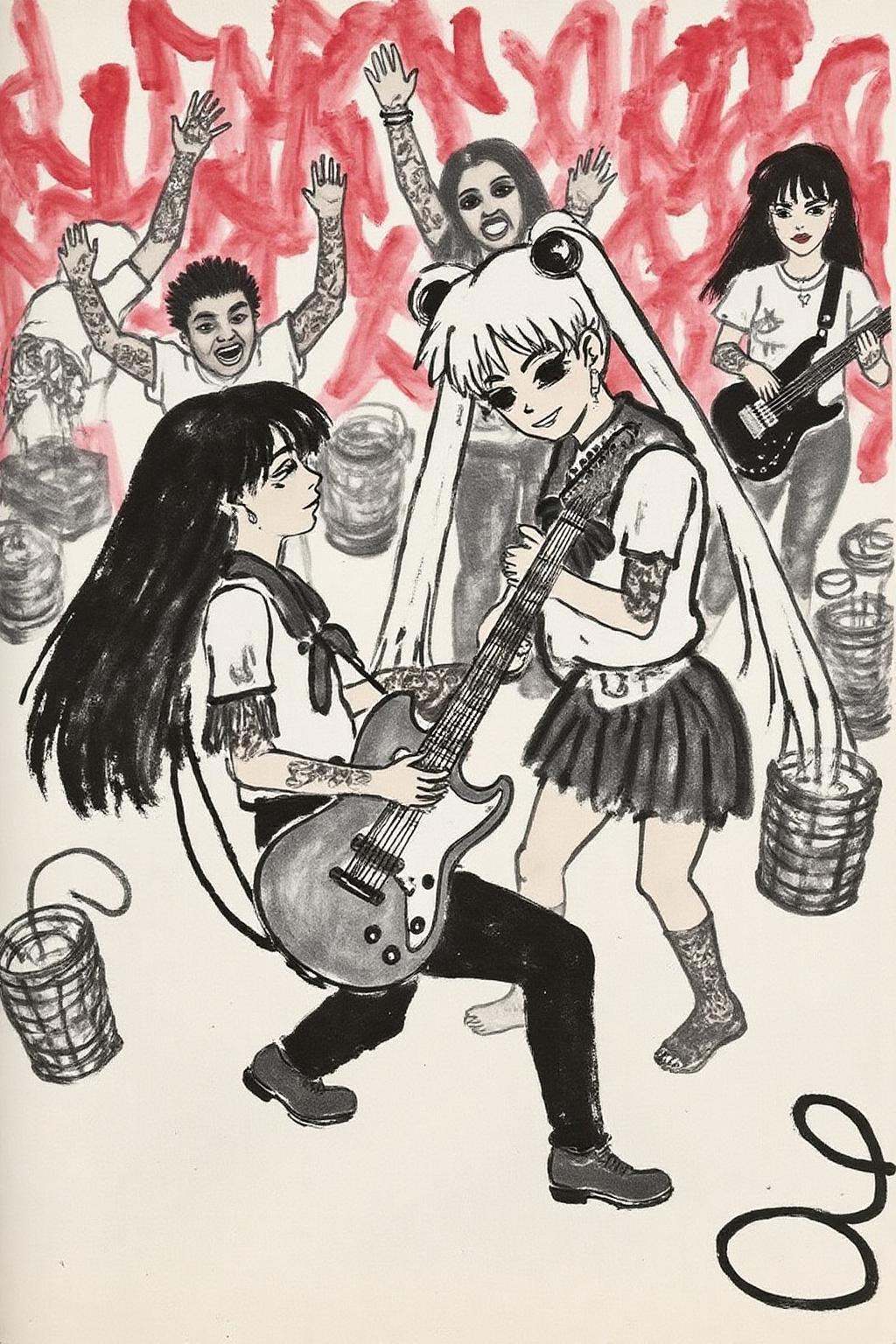 qbs1 ink wash paintingpunk sailor moon playing a guitar at a heavy metal mosh pit,  tattoos,  pearcing. on Tensor.Art