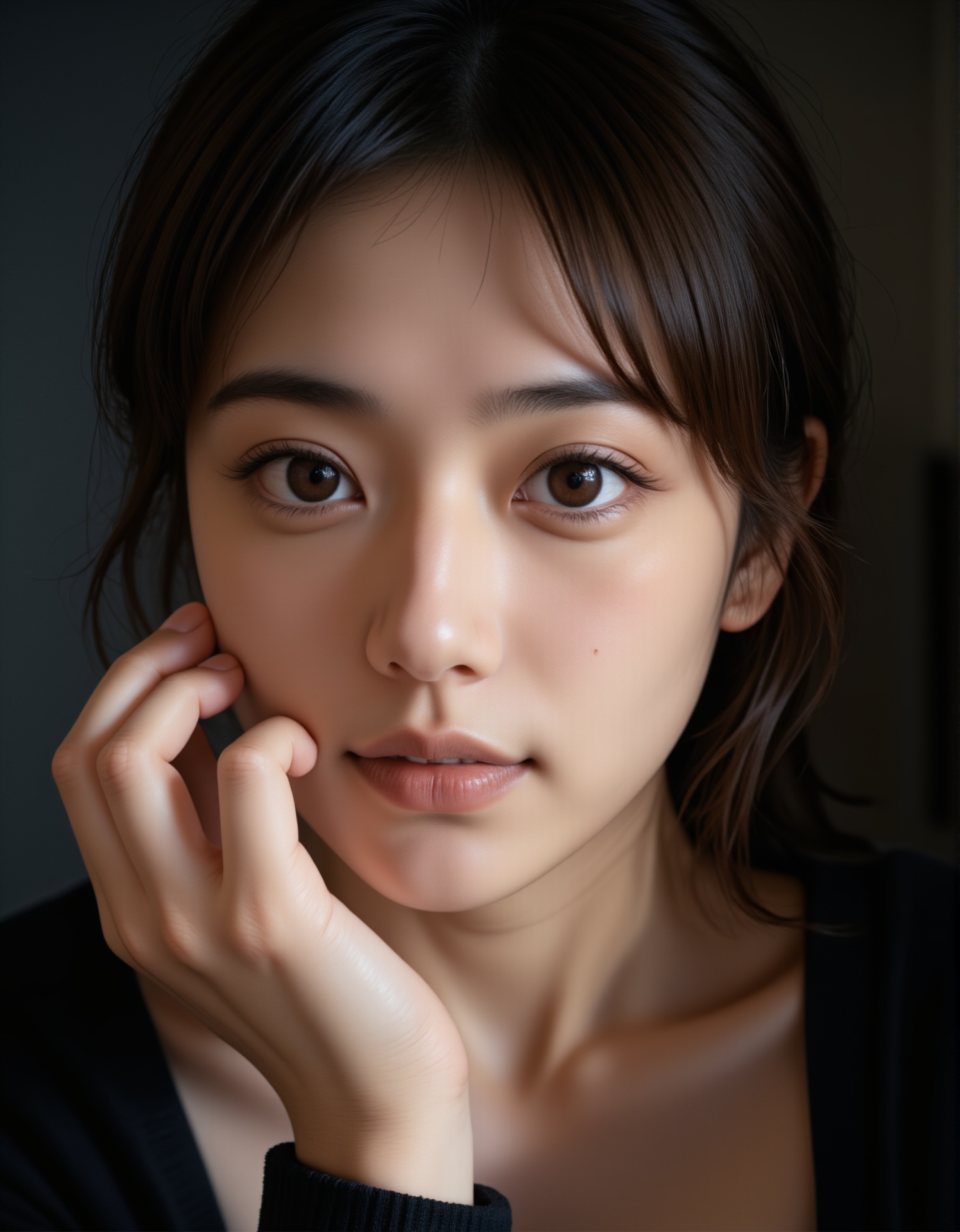 A photograph of a young woman with fair skin and long,  straight dark hair,  styled in a simple on Tensor.Art