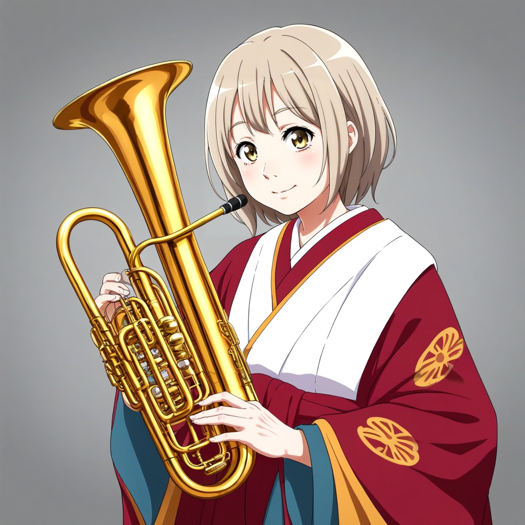 a woman in a kimono outfit holding a brass instrument in her hands and looking at the camera,  old woman,  ceremonial robe...