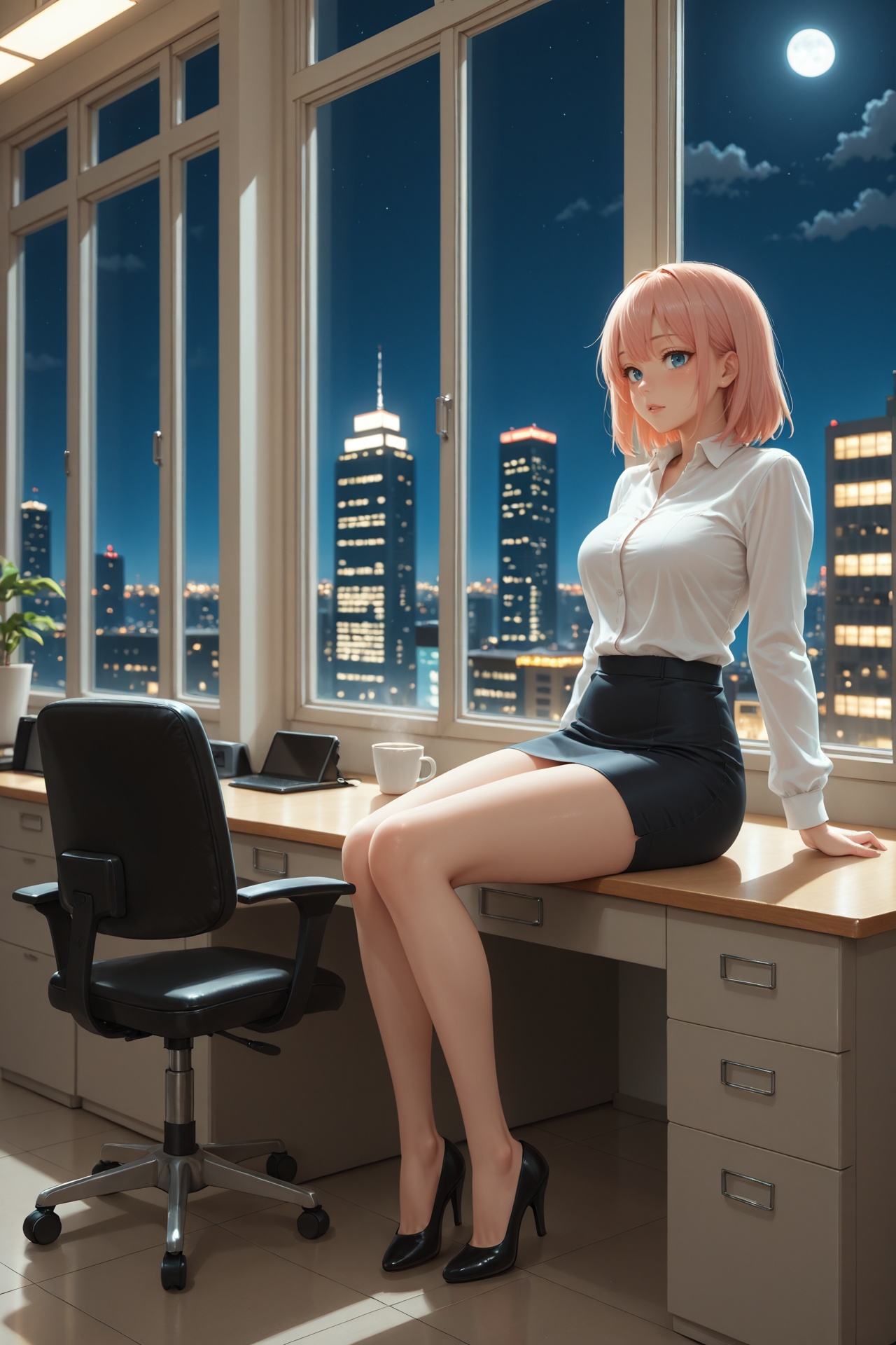 A woman sitting in a desk on an office in a big building,  high buildings seen through the window,  night shot on Tensor.Art