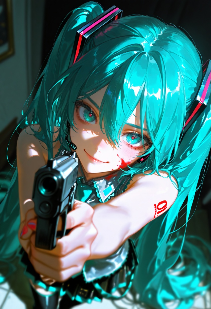 (artist:quasarcake:0.8),(wlop:0.6),hatsune_miku,holding handgun with one hand BREAK (middle_finger),aiming_at_viewer,shaded_face,smile,blood_on_face,masterpiece,best quality,amazing quality,lazypos,lazyup,high detail,subtle,high contrast,real background,smooth shading,glossy surfaces,colorful depth,enthusiasm,diagonal angle,high angle,dak depth,masterful shading,low kye,dak depth,chiaroscuro,impasto,(shallow depth of field:1.4),(foreshortening:1.4),