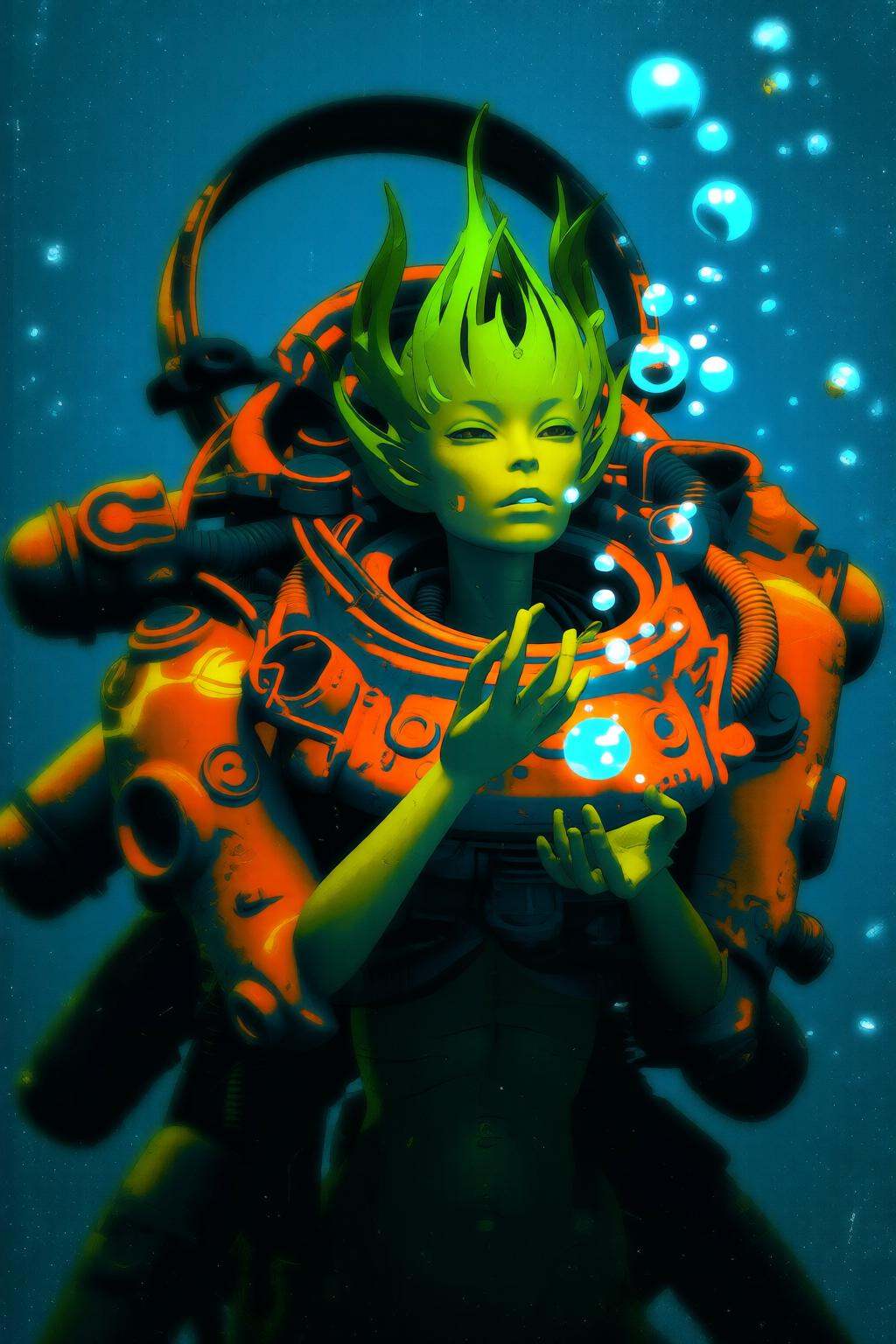 pascalblanche2q illustration. A humanoid figure in a mechanical orange suit,  standing underwater. The suit includes vario...